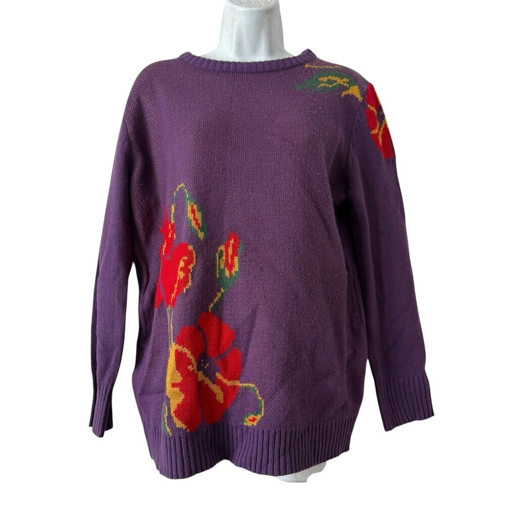 MISSLOOK Sweater Womens Size M Purple Floral Poppy Print Crew Neck
